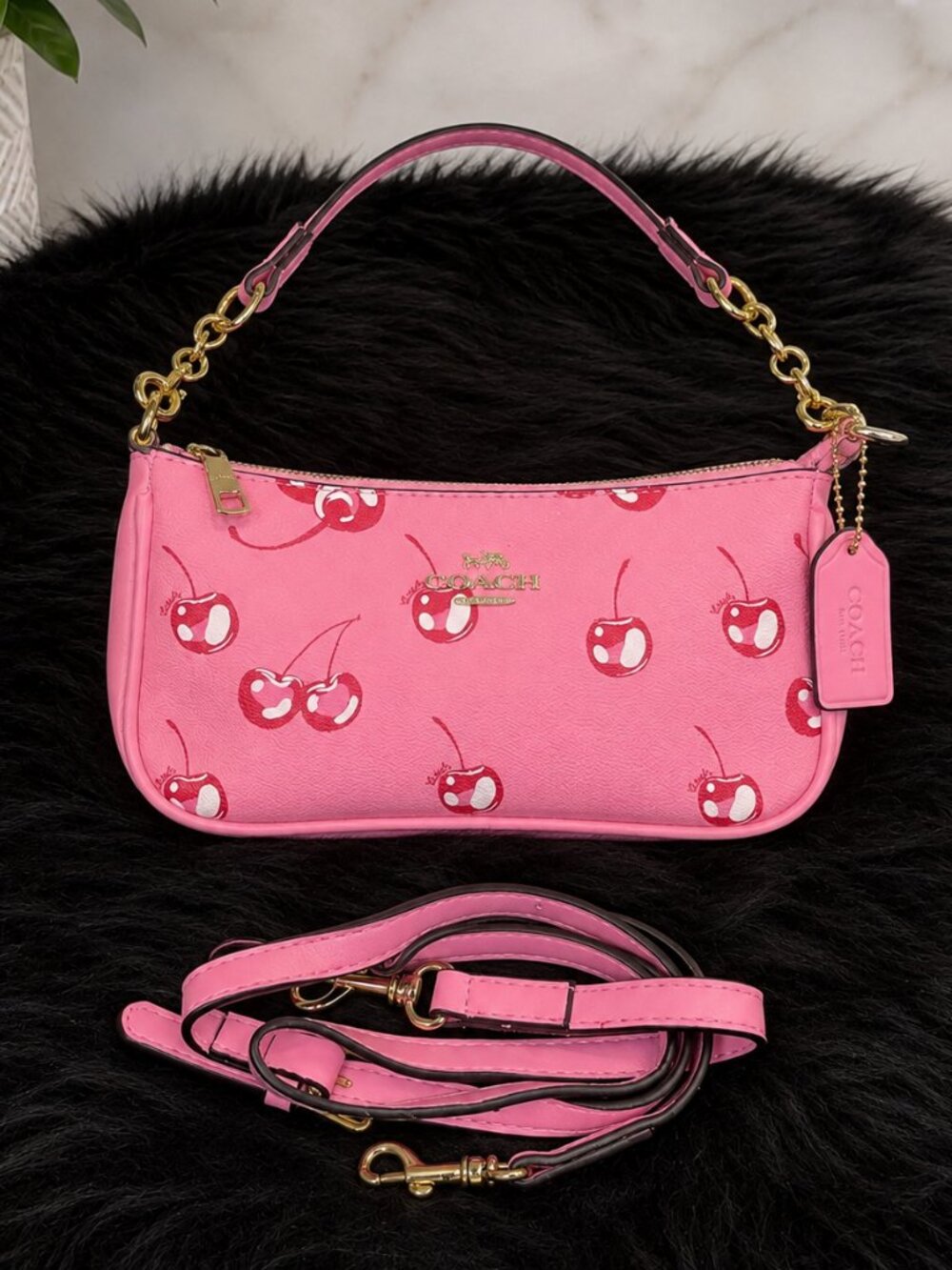 Pink Cherry Print Shoulder Bag